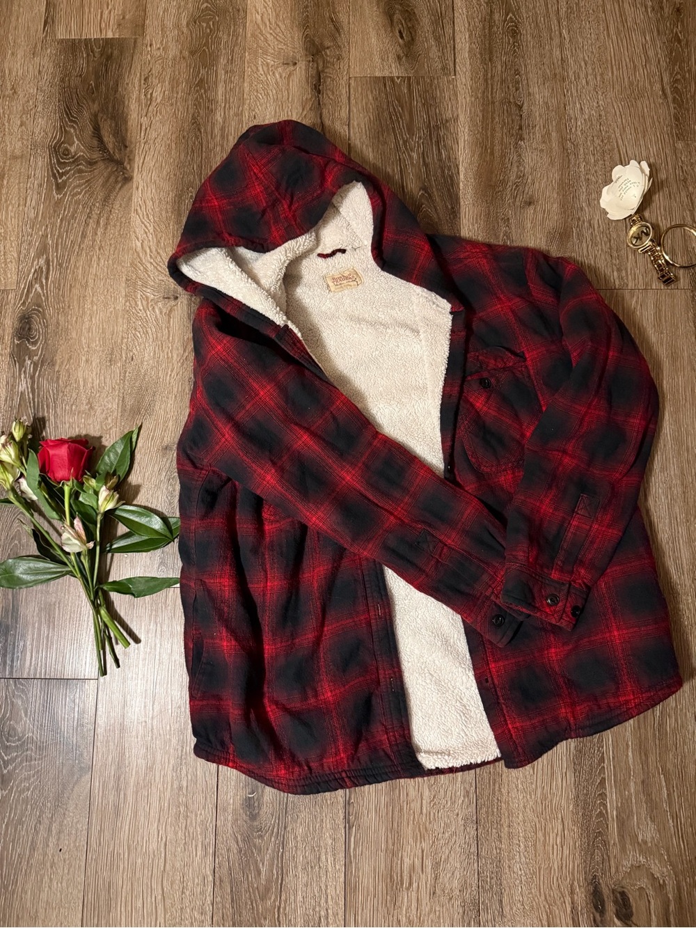 Boston Traders Red and Black Plaid Teddy-Lined Hooded Jacket